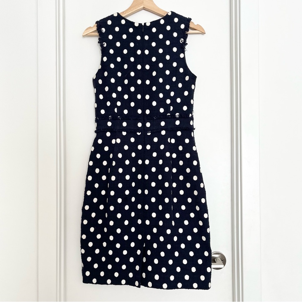 J.Crew Boucle Sheath Dress Size 4 Navy Polka Dots Elegant Preppy Wedding Guest - Picture 2 of 4
